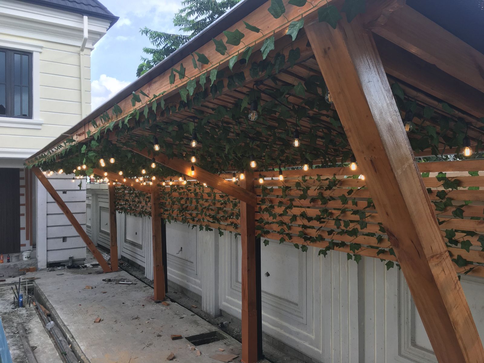 pine wood poolside pergola